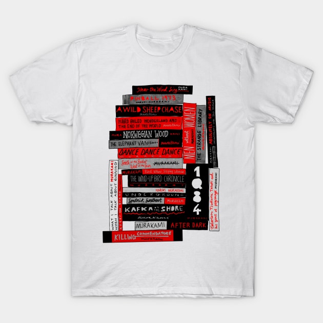 Murakami Book Stack Fanatic (Colour) T-Shirt by louweasely